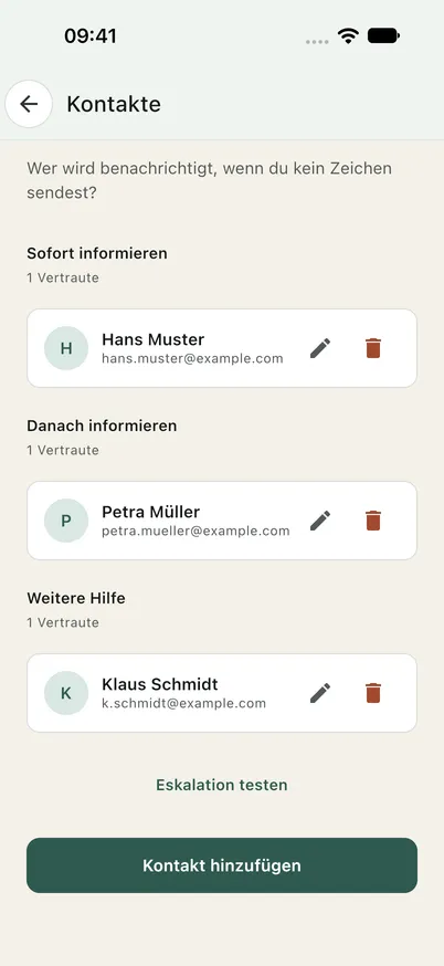 Kontaktliste in der Ondira App mit den Stufen „Sofort informieren“, „Danach informieren“ und „Weitere Hilfe“