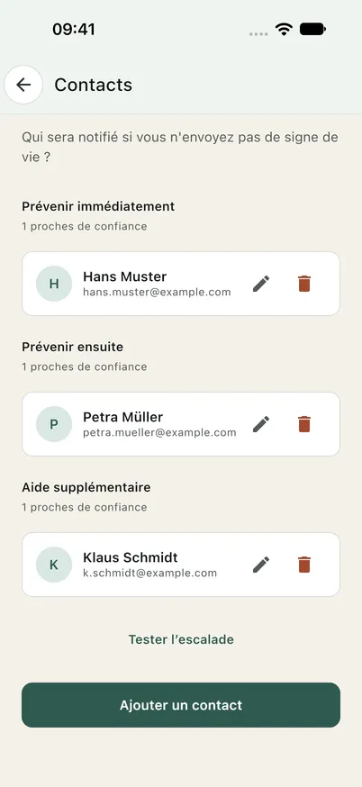 Liste de contacts dans l'application Ondira avec les niveaux prévenir d'abord, prévenir ensuite et aide supplémentaire