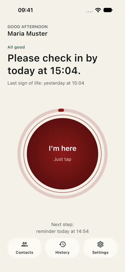 Ondira app shortly before the window closes: the ring is nearly empty and deep red, with the reminder time below