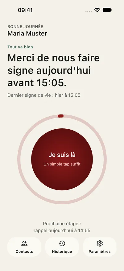 Application Ondira juste avant la fin du créneau : l'anneau est presque vide et rouge foncé, avec l'heure du rappel en dessous