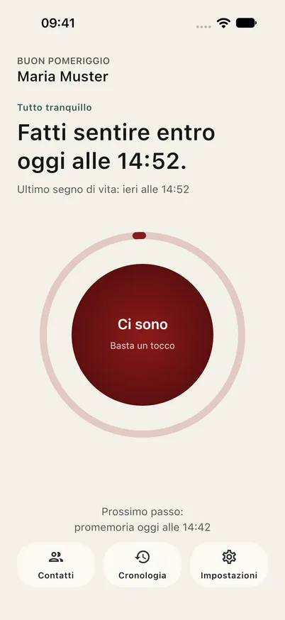 App Ondira poco prima della scadenza: l’anello è quasi vuoto e rosso scuro, sotto è indicato quando arriva il promemoria