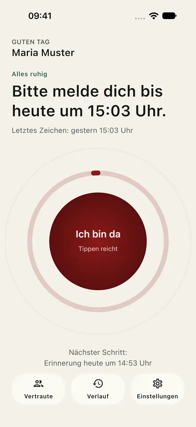 Ondira App kurz vor Ablauf des Zeitfensters: der Ring ist fast leer und dunkelrot, darunter steht, wann die Erinnerung kommt