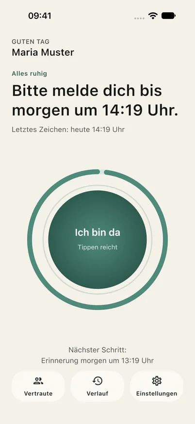 Hauptansicht der Ondira App mit dem Knopf „Ich bin da“ und vollem Zeitring