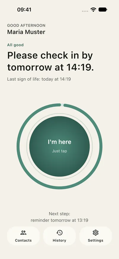Main screen of the Ondira app with the check-in button and a full time ring