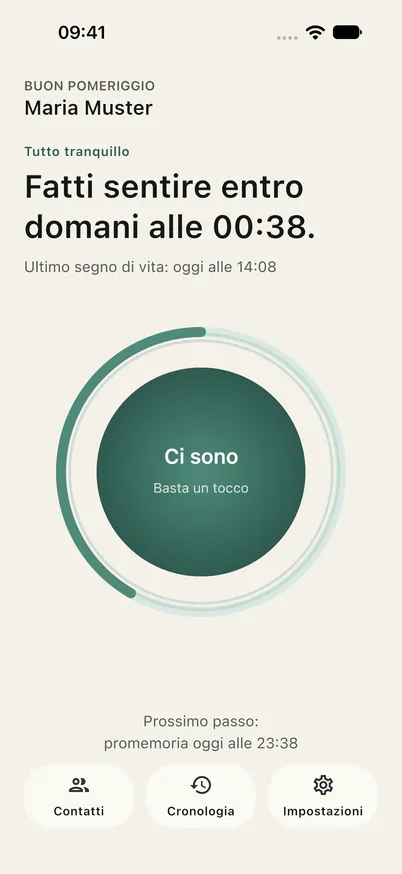 Schermata principale dell’app Ondira con il pulsante del check-in e l’anello del tempo pieno