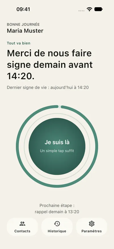 Écran principal de l'application Ondira avec le bouton de check-in et l'anneau de temps complet